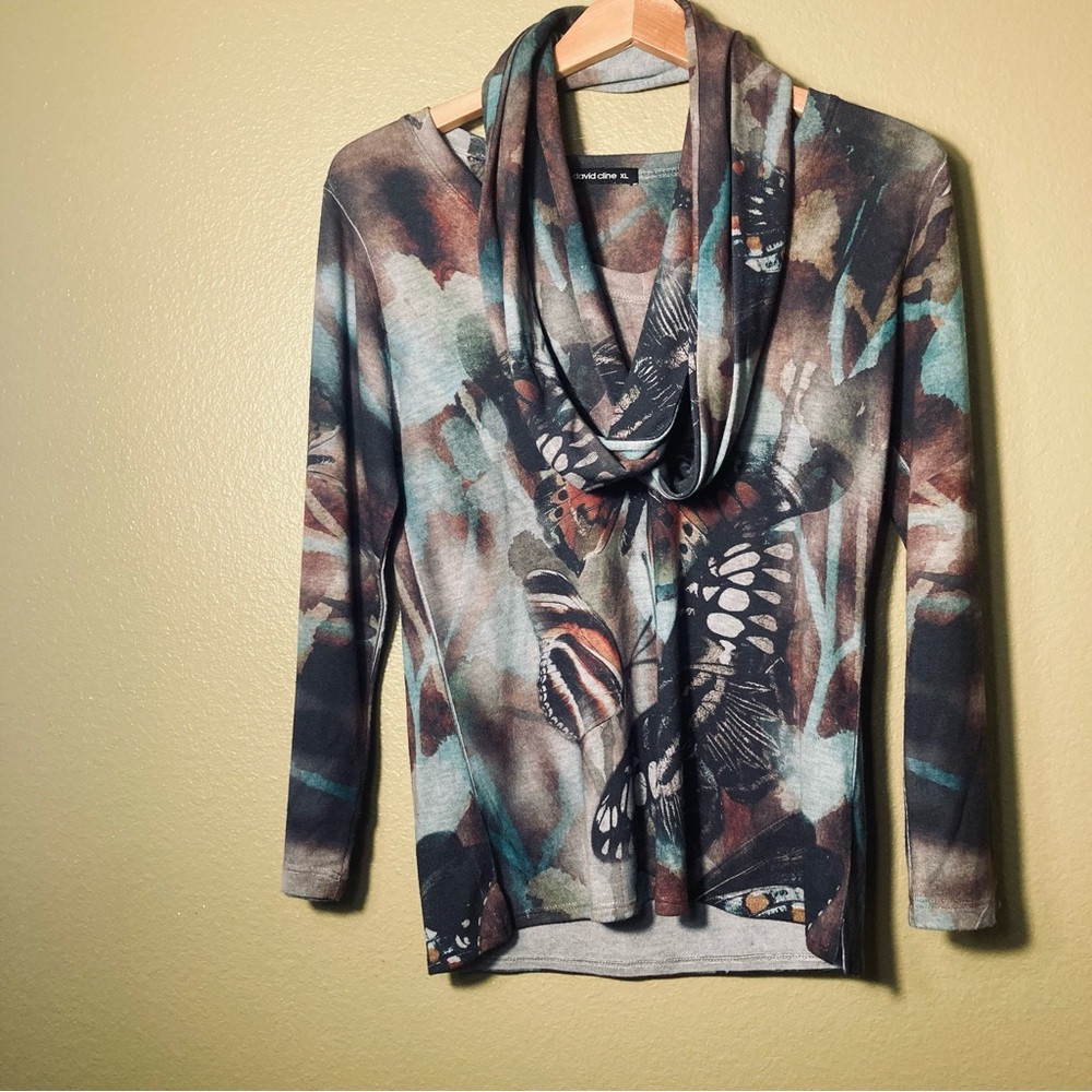 David Cline Brown and Blue Butterfly Print long Sleeve Shirt with Infinityscarf